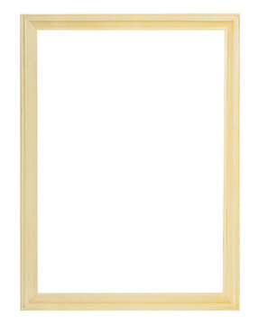 Isolated photo of beige wooden picture frame on white background.