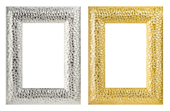 Isolated photo of silver and golden plastic picture frame on white background.