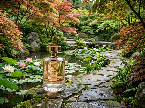Elegant perfume bottle displayed on stone by pond in lush north america garden scene.