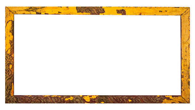 Isolated photo of old weathered broken baroque wooden picture frame on white background.