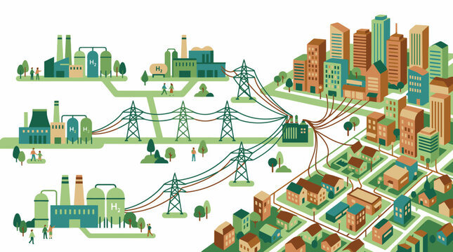 Vector illustration showing power grid infrastructure connecting factories and power plants to city and residential buildings. EPS Editable