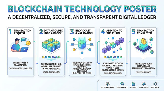Blockchain technology poster showing decentralized digital ledger, 5 step infographic for cryptocurrency transaction process