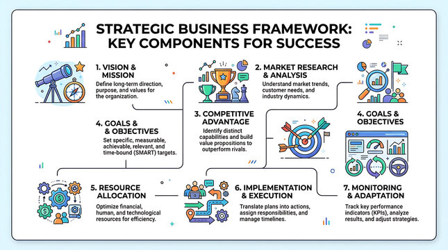 Strategic business framework infographic, corporate success key components diagram, management planning flow chart with icons