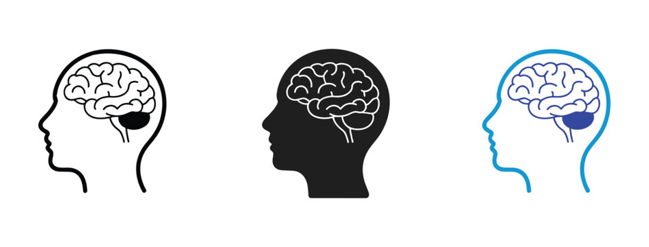 Brain Icons: A set of stylized icons depicting the human brain within a silhouette of a head. cognitive function, medical illustration, neurological concept, psychology symbol, thought process.
