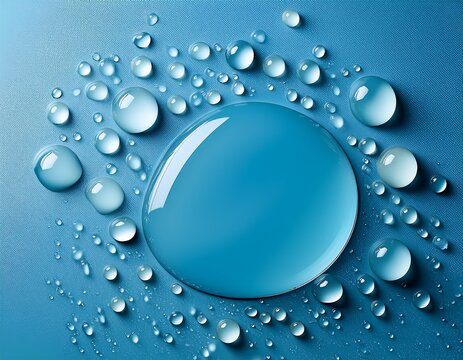 large and small clear liquid droplets clustered on a pastel blue surface