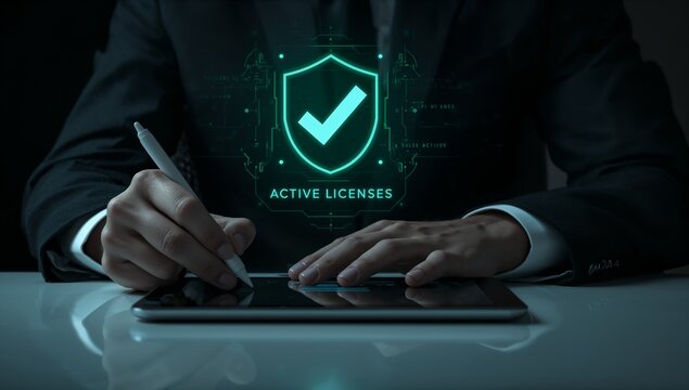 software license management and subscription renewal concept showing businessman using tablet with active licenses, usage analytics, and automated countdown dashboard