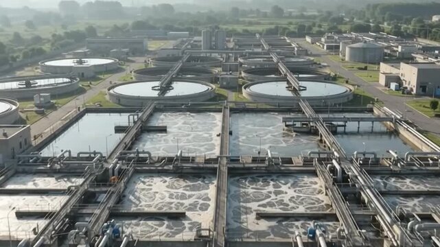 Aerial Drone View of Modern Wastewater Treatment Plant with Clarifier Tanks and Aeration Basins