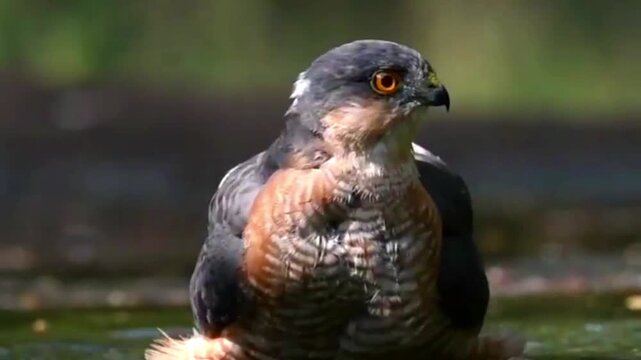 Eurasian sparrowhawk standing in shallow water in a natural forest habitat
