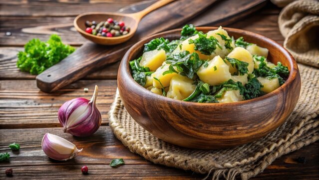 Hearty stew made from boiled potatoes mashed with kale and onions served in a rustic wooden bowl, stamppot of potatoes, vegetable stew