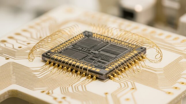 Semiconductor chip die on test substrate with gold bonding wires, solder bumps, and circuit traces