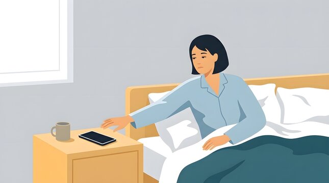 Morning Blues: A woman in bed reaches for her phone with a look of dread, signaling the start of a challenging day, highlighting the anxiety of waking up