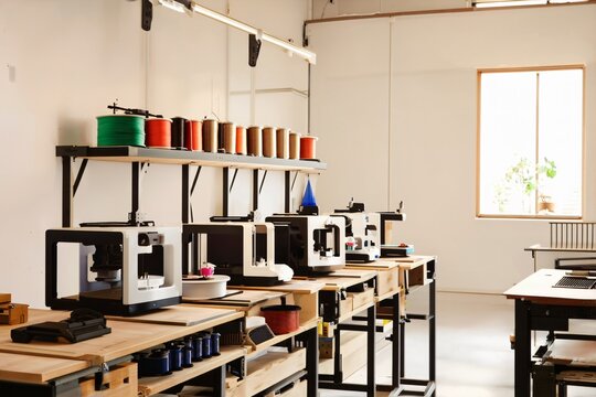 Row of 3D printers on wooden workbenches in a maker space with colorful filament spools on a shelf