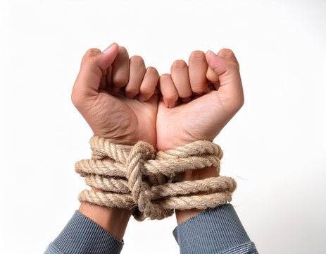 hands tied up with rope on white background