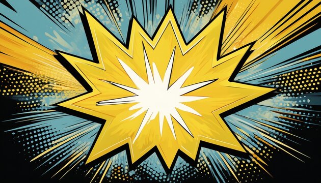 retro comic starburst sticker yellow pop art explosion bubble with black outline vintage burst graphic for retail sales and marketing promotions