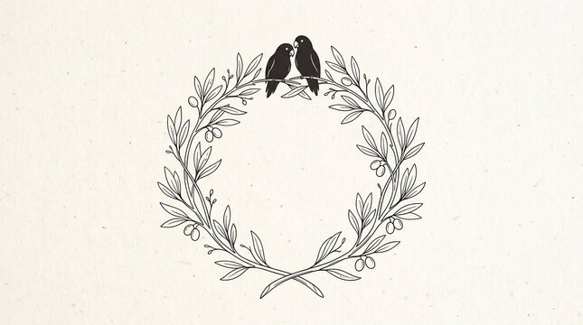 Lovebirds perched on olive wreath line art illustration, minimalist wedding crest symbol for romantic marriage invitation and anniversary design.