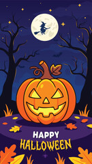 Fototapeta premium Happy halloween pumpkin and witch night illustration instagram story