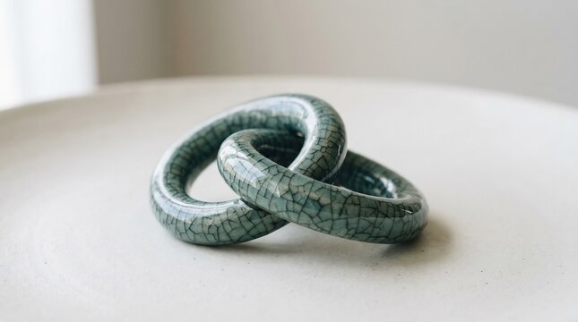 Interlocking ceramic rings symbolize eternal love and marriage. Minimalist union concept representing unbreakable partnership and commitment.