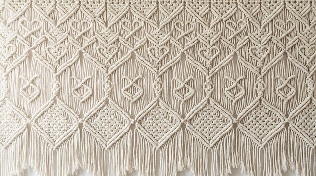 Macrame wall hanging with woven heart patterns for boho wedding backdrop, rustic romantic ceremony decor, handmade textile texture.