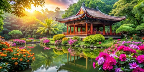 Obraz premium Serene temple oasis, surrounded by vibrant greenery and colorful blooms, showcasing natural beauty and harmony, blooming