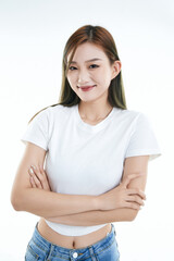 Fototapeta premium Cute and lively Asian girl against a white background