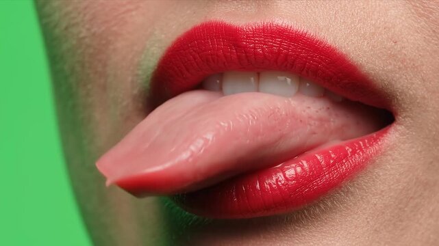 Female Red Lips Open Mouth Tongue Curling Upwards.