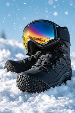 Black winter boots and ski goggles resting in fresh white snow under bright blue sky