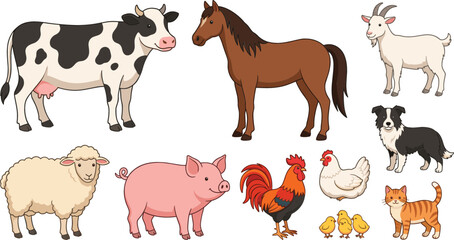 Fototapeta premium Cute Farm Animals Vector Set Featuring Cow, Horse, Goat, Sheep, Pig, Rooster, Hen, Chicks, Dog, and Cat for Children Educational Graphic Designs