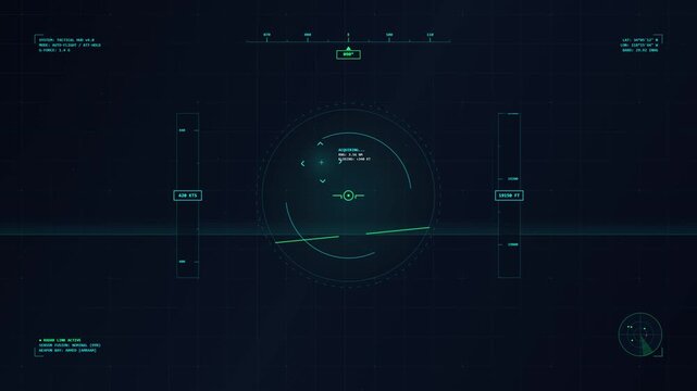 Futuristic military fighter jet cockpit tactical heads up display radar system showing flight data