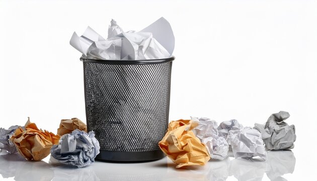 trash bin with paper on white background