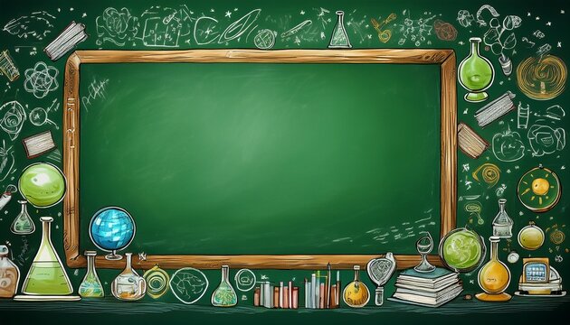 green classroom chalkboard with hand drawn science and education doodles forming a creative border around an empty copy space