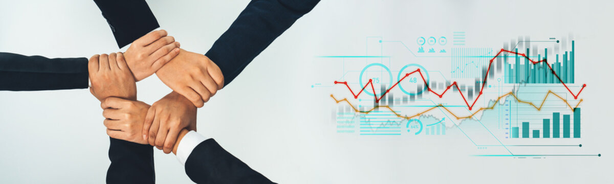 Diverse hands unite in a collaborative gesture over financial graphs, symbolizing teamwork and success in business, showcasing unity and professional growth. Scalp