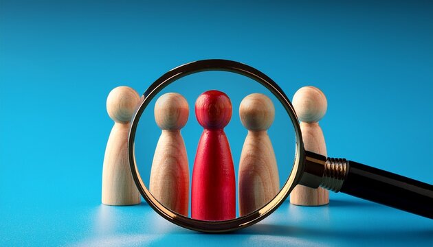 close perspective of a magnifying lens highlighting a wooden pawn candidate for talent selection and decision making concept background for corporate use