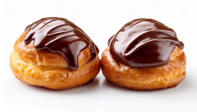 two delicious chocolate drizzled pastries isolated on white background