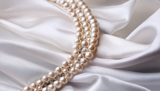 pearl necklace on white silk fabric luxury jewelry background