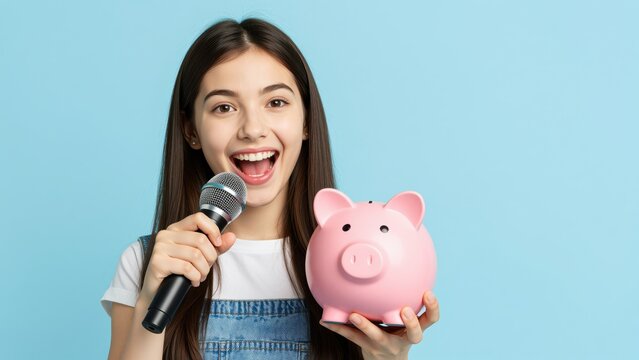 Happy young girl holding a pink piggy bank and speaking into a microphone against a blue background, promoting financial savings and financial literacy for children