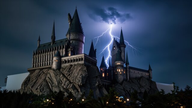 Dark Gothic Castle on a rocky hill under stormy sky with lightning strikes, creating a dramatic and mysterious atmosphere for fantasy or horror themes