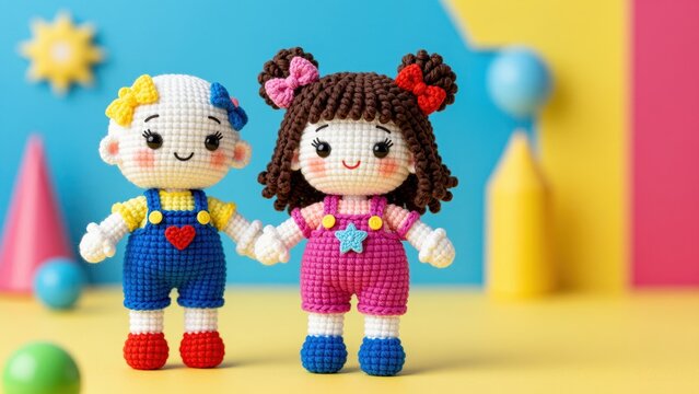 Cute handmade crochet dolls of a boy and a girl holding hands with colorful background for children or gifting concept