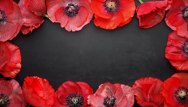 red poppy flower frame on blackboard background