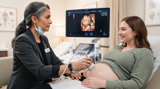 Female OB/GYN doctor performing 4D ultrasound scan on pregnant woman in clinic, professional prenatal care and maternity health monitoring for healthcare marketing and obstetrics services.