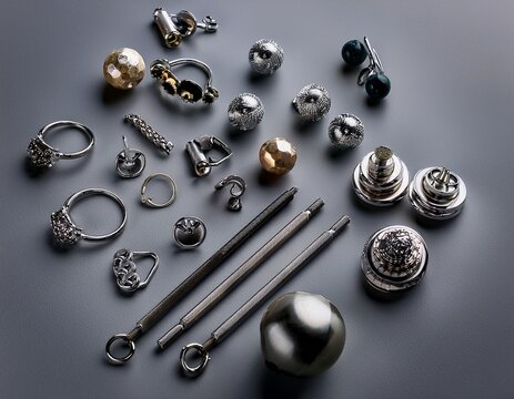 jewelry composition featuring various body piercing accessories on a gray background