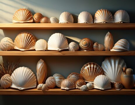 shelled creatures on wooden shelves in bright natural light