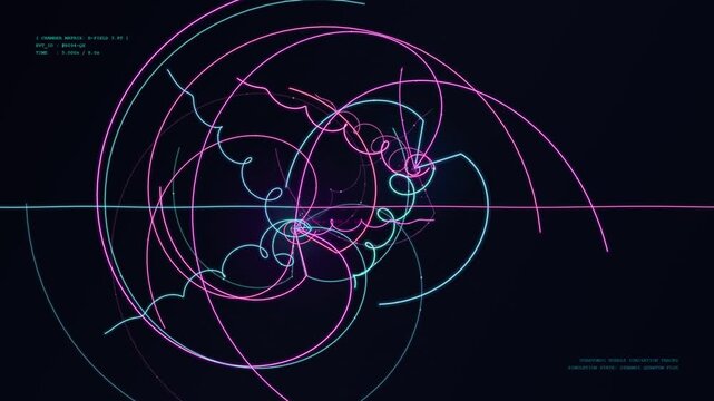 Scientific subatomic particle simulation with glowing neon trajectory tracks