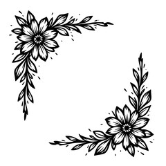 Hand drawn floral corner frame with daisy flowers and leaves in black ink style © NRdS
