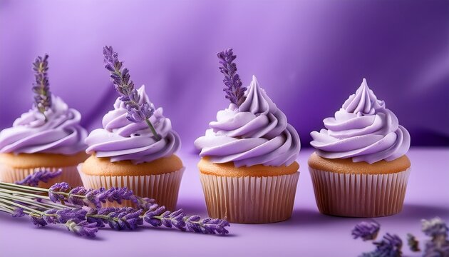 cupcakes with purple cream and lavender flowers on a purple background