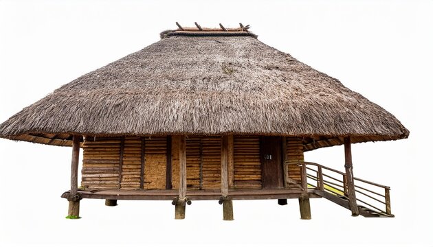 traditional thatched roof hut with wooden porch and stairs isolated on white background