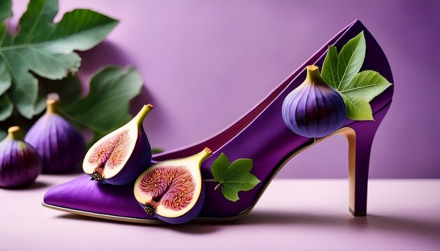elegant purple high heels adorned with realistic fig fruits and embroidered leaves blending luxury fashion botanical artistry whimsical design and couture inspired footwear