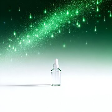 Glass Dropper Bottle With Glowing Green Sparkles In Background