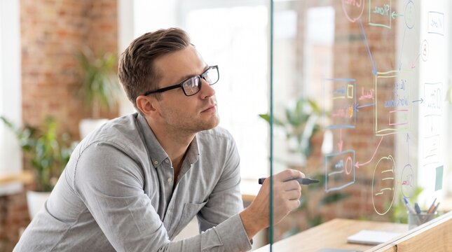 Focused businessman analyzing data on glass board in modern office