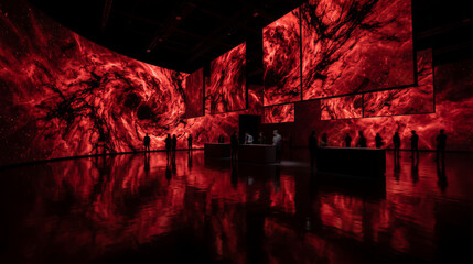 Naklejka premium People observe immersive red nebula LED display
