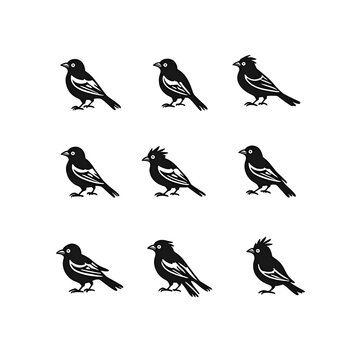 Set of nine black bird silhouettes showing different finch species in side profile